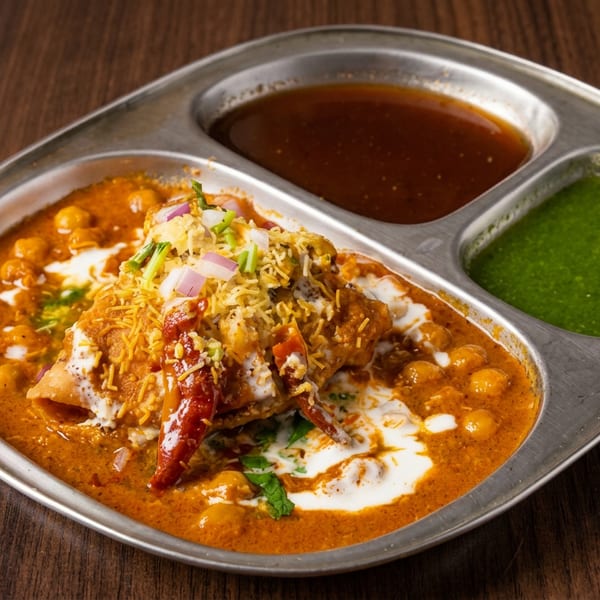 Indian chaat platter with chickpea curry, crispy pastry, yogurt, sev, chutneys, onions, and cilantro on a metal tray.