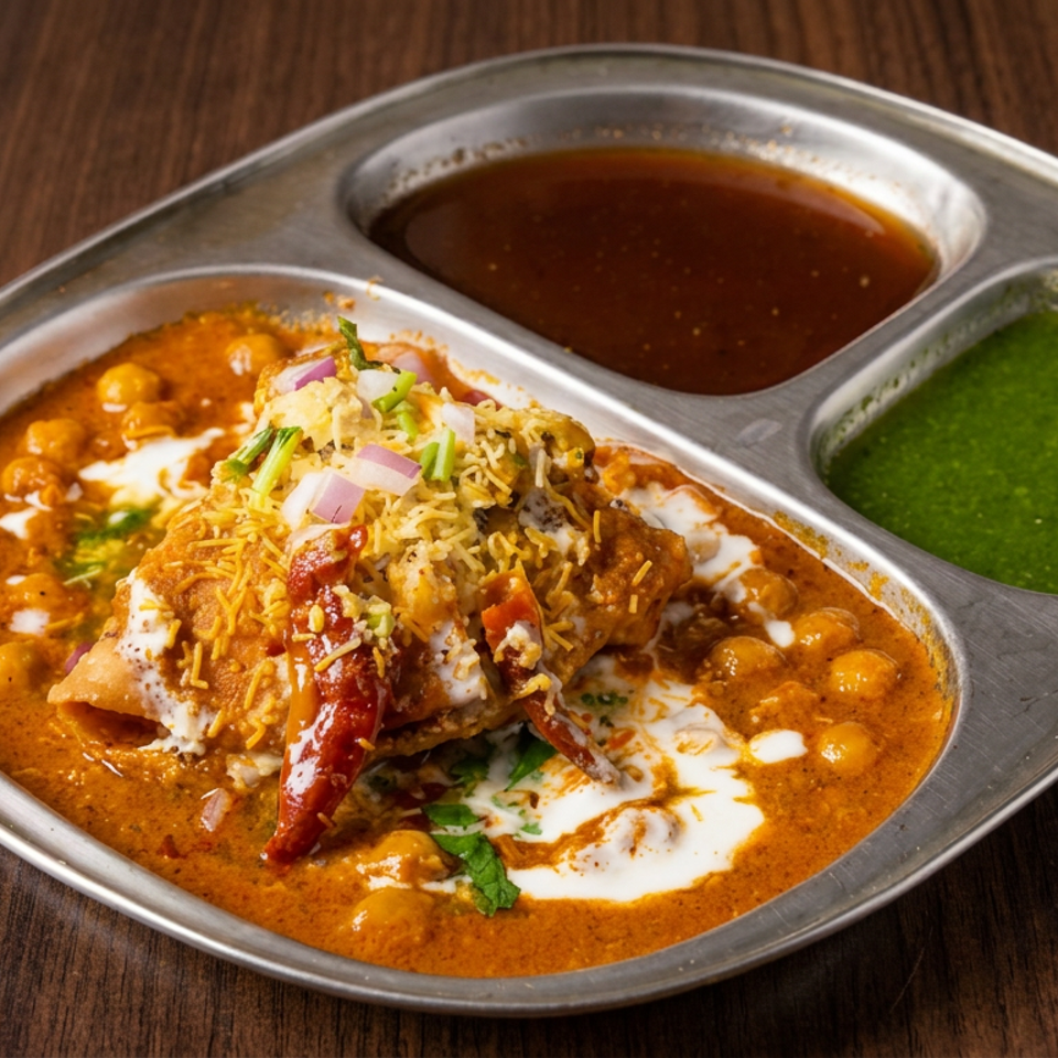 Indian chaat platter with chickpea curry, crispy pastry, yogurt, sev, chutneys, onions, and cilantro on a metal tray.