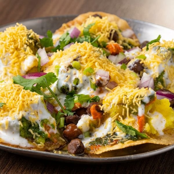 Indian chaat platter topped with yogurt, sev, chickpeas, chopped onions, cilantro, and colorful chutneys.