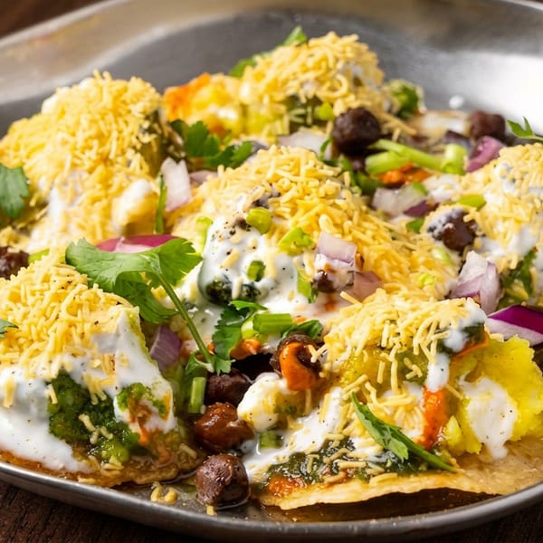 Plate of chaat topped with yogurt, sev, chickpeas, chopped onions, cilantro, and colorful vegetables.