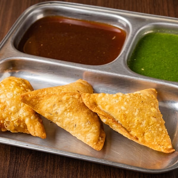 Four golden fried samosas served on a stainless steel tray with brown tamarind and green chutneys.