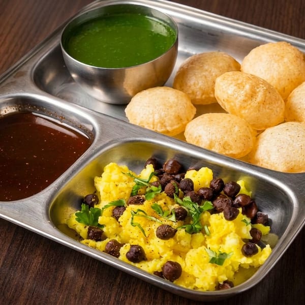 Indian pani puri platter with crispy shells, green chutney, tamarind sauce, and spiced potato filling topped with chickpeas and cilantro.
