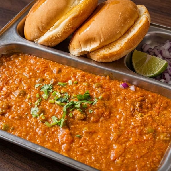 A metal serving tray holds pav buns with spicy orange curry, garnished with cilantro, alongside chopped onions and lime.
