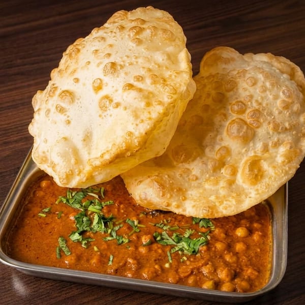 Two puffed golden puris served with spiced chickpea curry garnished with cilantro in a metal tray on a dark wooden table.