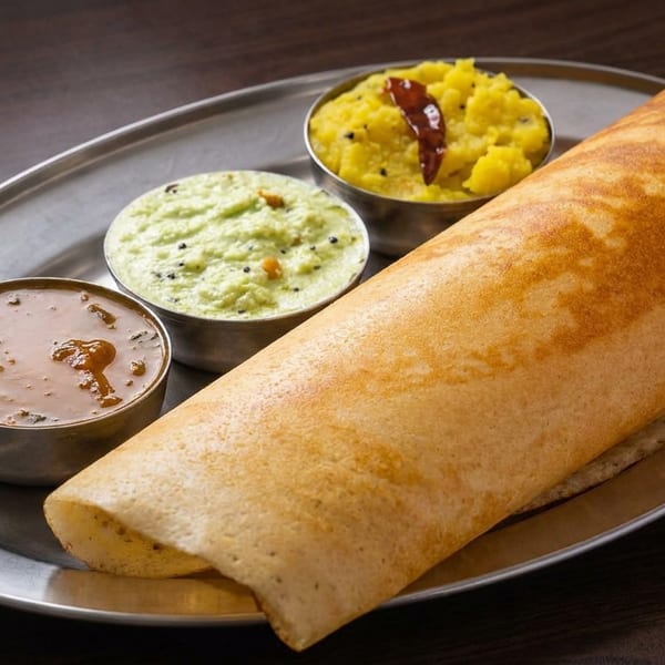 Crispy masala dosa served on a metal platter with bowls of sambar, coconut chutney, and potato filling.