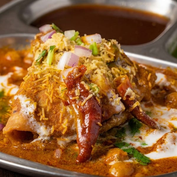 Indian chaat platter topped with sev, onions, chutneys, yogurt, and red chilies in a metal serving tray.