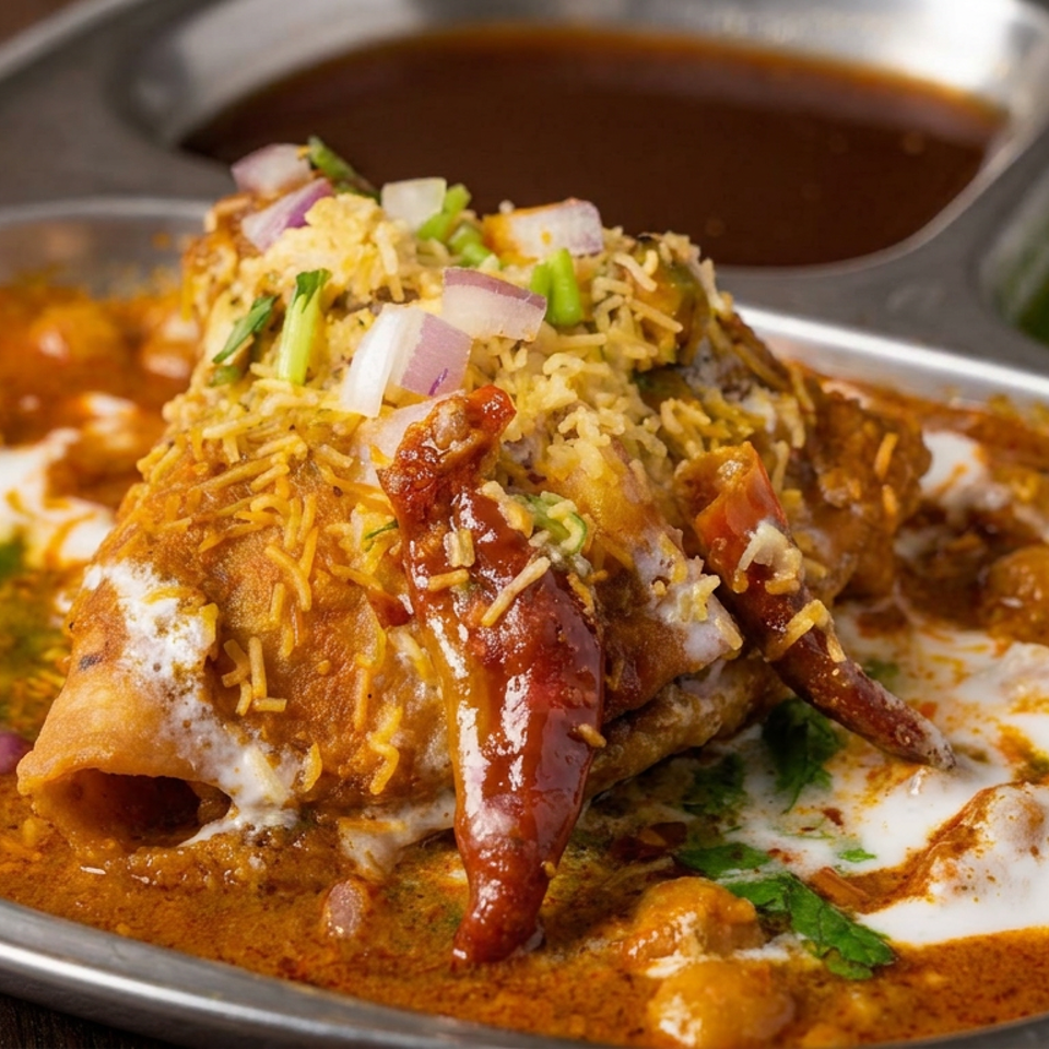 Indian chaat platter topped with sev, onions, chutneys, yogurt, and red chilies in a metal serving tray.